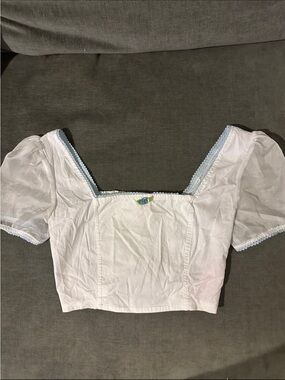 Dolls Kill White Puff-Sleeve Square Neck Crop Top with Light Blue Trim